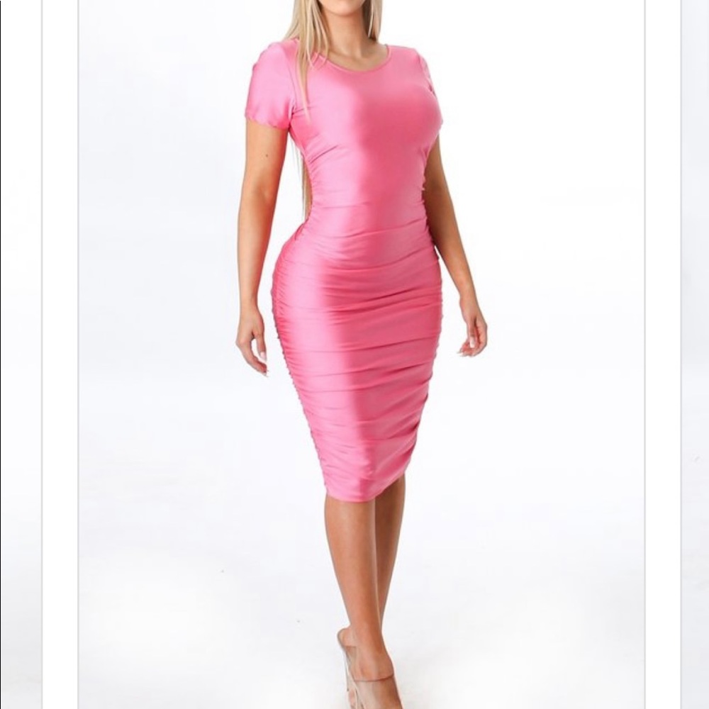 Baby Pink Ruched Midi Dress Bodycon Dress